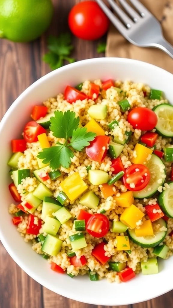 A colorful quinoa salad with bell peppers, cucumbers, cherry tomatoes, and cilantro, served in a bowl with lime dressing.
